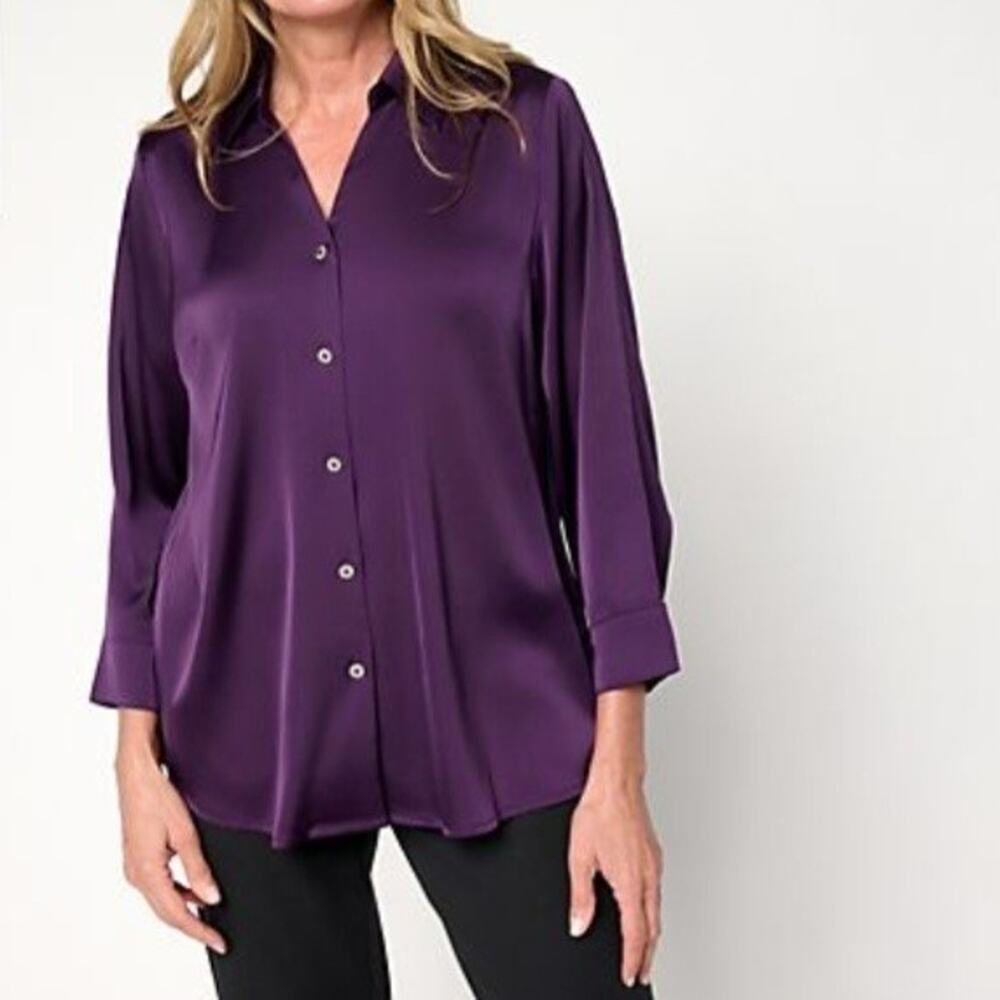 Denim & Co Large Deep Purple Satin Blouse Holiday Christmas A711707 NWOT